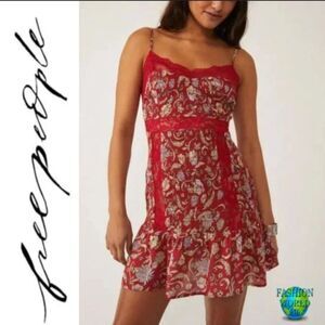 NWT Free People size small last night mini slip dress cherry red combo dainty